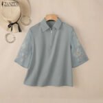 ZANZEA Summer 2026 Women's Elegant Blouses Turn-Down Collar Half-Zip Floral Print 3/4 Sleeves Patchwork Shirts Woman Clothes 3XL - Image 2