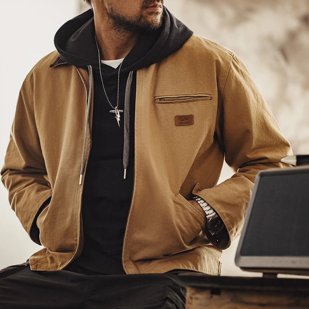 S6b15c4088a834672a84f3b05106d95aaQ.jpg Maden Men's Retro J001 Detroit Jacket Heavyweight Canvas Hunting Coat Lapel Collar Work Jackets with Zipper for Spring Fall - Image 1
