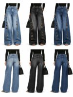 Women High Waist Wide Leg Jeans, Side Cutout Eyelet Rivet Denim Pants Loose Fit Hollow Out Flared Trousers Streetwear Fashion Baggy Jeans with Pockets - Image 3