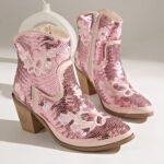 Women Pointed Toe Sequins Embroidery Western Cowboy Ankle Boots, Side Zipper Block Heel Autumn Y2K Fashion Short Heeled Booties