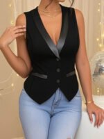 Sleeveless Vest Shawl Lapel Single Breasted Slim Waistcoat Contrast Trim Outfit For Women Office Interview Business Daily Street Elegant Wear - Image 5
