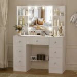 Teousev 7 Drawers Vanity Dressing Table with 10 Dimmable LED Lights, Large HD Mirror Modern Makeup Desk with Ample Storage