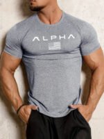 Spring and Summer Pure Color Printing Sports Fitness Short-sleeved T-shirt Men's O Neck Stretch Training Exercise T-shirt top - Image 5
