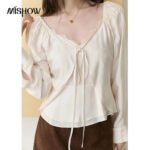 MISHOW Women's French Lace Trim Blouse 2026 Autumn V‑Neck Tie Front Loose solid blouses Babydoll Style Casual Tops MXF43X2783 - Image 2