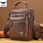LION VERA Men's Shoulder Bag Casual Mobile Phone Zipper Bag Large Capacity Business Genuine Leather Travel Crossbody Bag