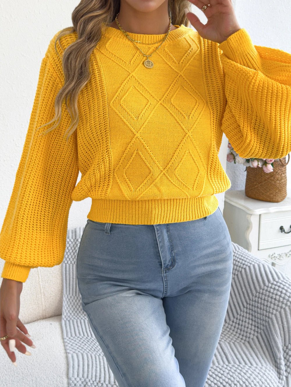 S76a5a33d935e4c1aab2b02e20379e524b.jpg Women's Solid Color Round Neck Lantern Long Sleeve Knitted Sweaters for 2026 Autumn Winter Woman Clothes Yellow Red Khaki Tops - Image 1