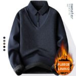 Men's Winter Sweater Fashion Polo Shirt Pullover Slim Fit Elegant Luxury Brand Knitwear Fake Two Pieces Knitted Fleece Sweaters - Image 2