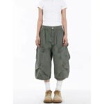 ZHIZOU Summer Women American Retro Green Cargo Jeans Shorts Y2K 2000s Harajuku Denim Calf-Length Pants Streetwear High Street