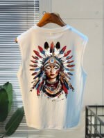 100% pure cotton summer men's fashionable casual loose American trend retro printed beach sports sleeveless vest