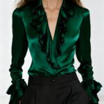 Elegant Satin Blouse for Women Lapel Ruffle Trim V‑Neck Long Flare Sleeve Office Work Shirt