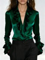 Elegant Satin Blouse for Women Lapel Ruffle Trim V‑Neck Long Flare Sleeve Office Work Shirt