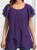 Women Plus Size Blouse Chiffon Short Sleeve Round Neck Elegant Irregular Hem Office Lady Summer Chiffon Blouse Tops - Image 5