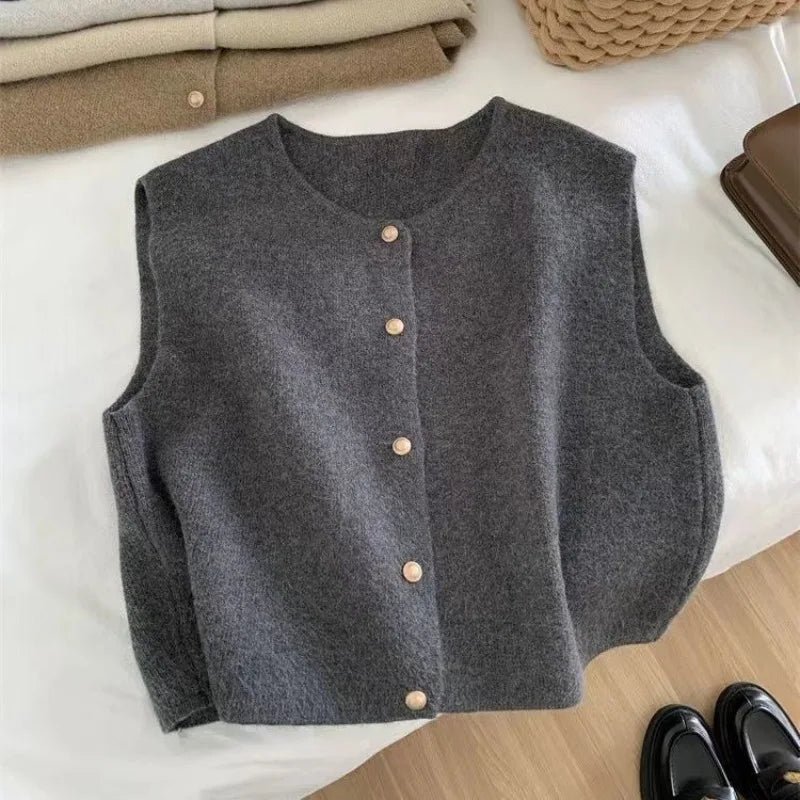 S7daf35445f2142d2b42827de0ce8f4d5l.jpg Crew Neck Women's Korean Solid Button Short Sleeve Cardigan Coats Sweater Knitted Sleeveless Ladies Elegant Tanks Bottoming - Image 1