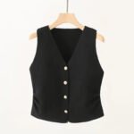 Womens Gold Button Front Vest V-Neck Ruched Waist Sleeveless Knit Jacket Casual Chic Spring Summer 2025 Trendy Outfit - Image 3