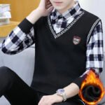 Autumn Winter Plaid Sweaters Polo Collar Pullover Slim Fit Man Clothes Plush Warm Jumpers Thick Fake 2 Piece Polo Shirts