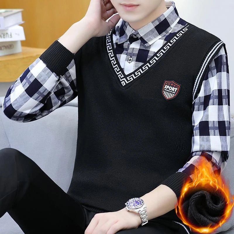 S7ef453e0958c4084a1df065fd9a7698fT.jpg Autumn Winter Plaid Sweaters Polo Collar Pullover Slim Fit Man Clothes Plush Warm Jumpers Thick Fake 2 Piece Polo Shirts - Image 1