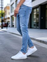 Slim Fit Jeans Men Sky Blue Fine Distressed Hole Design Jeans Versatile Mid Waist All Season Pants Urban Daily Matching Casual Long Trousers - Image 3