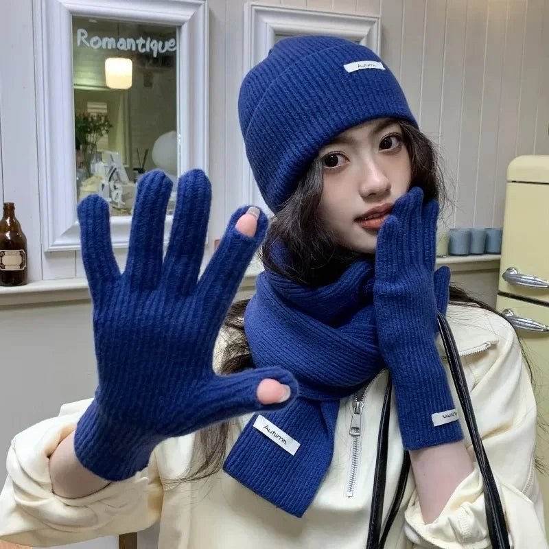 S7fa9ef78f7f0472f93c4b84961abb57bm.jpg Solid Color Touch Screen Gloves Women Korean Autumn Winter Warm Knitted Three-piece Set Scarves Gloves Hat Women's Glove Sets - Image 1