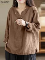 Vintage Women Blouse Autumn Long Sleeve Shirt Female V Neck Work Holiday Blusas ZANZEA Casual Solid Loose Shirt Cotton Chemise
