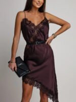 Women Dark Brown Satin Lace Slip Dress Spaghetti Strap V-Neck Asymmetrical Hem Elegant Party Cocktail Evening Dresses - Image 2