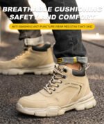 Men's & Women's Brown High-top PU Water Repellent Lightweight Anti-smash Anti-puncture Comfortable Wear Resistant Industrial Construction Work Safety Boots - Image 9