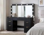 47.2" Fluted Vanity Desk with Large Mirror and Lights, Black / 7 Drawers Large Black Makeup Vanity Table with Glass Top - Image 2