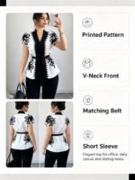 Elegant Summer Commute Floral Print Waist-Cinching Short Sleeve Top for Women Business Casual Shirt - Image 5