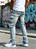 HME Men's Flared Denim Pants, Light Blue Vintage Jeans with Rips & Zipper Hem for Casual Style - Image 2