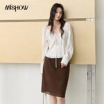 MISHOW Women's French Lace Trim Blouse 2026 Autumn V‑Neck Tie Front Loose solid blouses Babydoll Style Casual Tops MXF43X2783 - Image 4