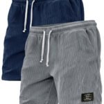 2-Piece Set of Thick Striped Black Label Men's Corduroy Casual Shorts, Summer Retro Logo Lace up Loose Sports Five Quarter Pants, Multi Pocket Training Pants.