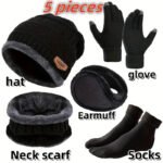 5pcs/set Winter Warmth Combination - Cold Resistant Knitted Hat+Velvet Neck+Thick Gloves+Plush Earmuffs+Snow Socks