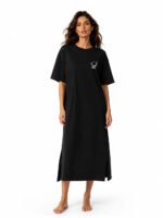 Smiley Letter Print Side Split Loose Oversized Women T‑Shirt Maxi Dress, Crew Neck Short Sleeve Casual Long Tee Dress, Soft Loungewear Nightgown, Streetwear Sundress for Daily Home Party Vacation Travel Shopping Casual Occa - Image 6
