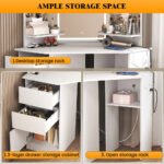 LED Vanity Desk With 3-Light Modes & Built-in Charging Station - Makeup Table With Open Storage Shelves, Drawers & Matching Stool - Image 4