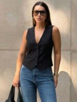 HH Women Casual V-Neck Sleeveless Waistcoat Elegant Fashion Solid Single-breasted Short Vest Chic Tops Female Summer Outerwear - Image 5