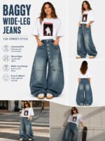 Women's Asymmetric Button Front Baggy Jeans, High Waist Vintage Washed Wide Leg Denim Pants Y2K Streetwear Loose Barrel Jeans for Daily Wear - Image 6