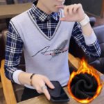 Autumn Winter Plaid Sweaters Polo Collar Pullover Slim Fit Man Clothes Plush Warm Jumpers Thick Fake 2 Piece Polo Shirts - Image 4