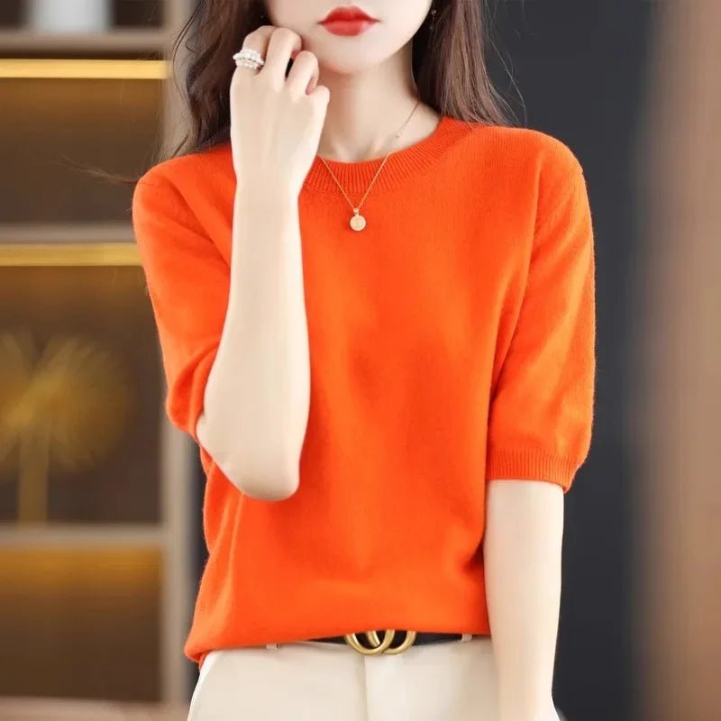S8dab27576f5b426682fc8c2089f321de6.jpg Spring Autumn Women Sweaters Short Sleeves O-neck Bottoming Shirts Knitwear 2026 Summer Knit Tops Pullovers Korean Jumpers - Image 1