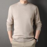 Mens Round Neck Sweater Fleeced Knitwear Solid Color Velvet Jumpers Slim Fit Elegant Luxury Brand Brown Knitted Sweaters - Image 5