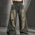 Distressed Ripped Baggy Wide Leg Jeans for Women Vintage Wash Destroyed Denim Pants Y2K Grunge Streetwear Loose Oversized Trousers
