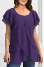Women Plus Size Blouse Chiffon Short Sleeve Round Neck Elegant Irregular Hem Office Lady Summer Chiffon Blouse Tops - Image 2
