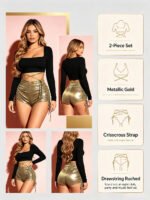 Women 2 Piece Outfits Long Sleeve Crop Top + Metallic Gold Drawstring Ruched Shorts Set Nightclub Party Clubwear Matching Sets - Image 5
