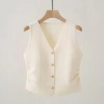 Womens Gold Button Front Vest V-Neck Ruched Waist Sleeveless Knit Jacket Casual Chic Spring Summer 2025 Trendy Outfit - Image 4