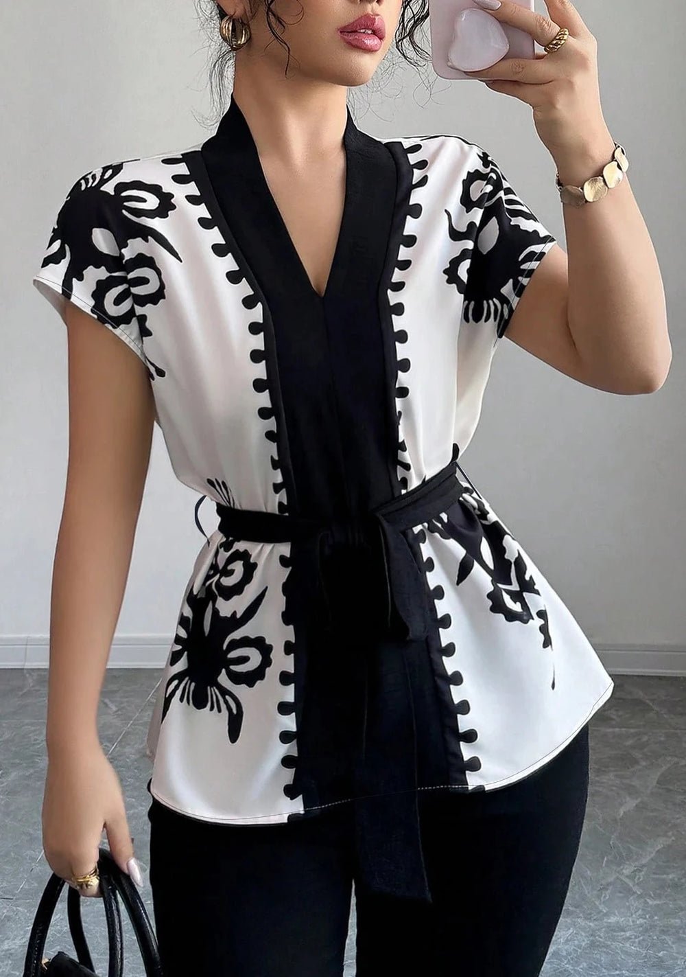 S9374f27cce1c402caad917e786d6bc998.jpg Elegant Summer Commute Floral Print Waist-Cinching Short Sleeve Top for Women Business Casual Shirt - Image 1