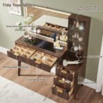 Fluted 48 Inch Makeup Vanity Desk 36 Inch Lighted Mirror Dark Walnut Smart LED Visible Glass Top 5 Drawers Adjustable Storage Sh - Image 3