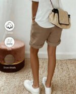 Women's Summer Vintage Modest Linen Casual Drawstring Rolled Hem Shorts,Elastic Waist Textured Fabric Khaki Loose Trousers For Vacation - Image 2