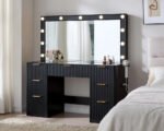47.2" Fluted Vanity Desk with Large Mirror and Lights, Black / 7 Drawers Large Black Makeup Vanity Table with Glass Top