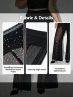 Plus Size Women Mesh Rhinestone Flare Pants High Waist See Through Sparkly Bell Bottom Trousers Night Club Party Black Pants - Image 6