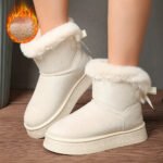 Women Winter Furry Trim Snow Boots Bow Decor Platform Thick Sole Ankle Booties Suede Warm Lined Slip On Non Slip Casual Short Boots for Daily Outdoor Cold Weather Available in White Camel Black Multi Colors Fashion Ladies War