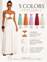 Women Strapless Twist Cutout Maxi Dress Ruched Waist Flowy A Line Long Tube Top Dress Summer Beach Vacation Casual Sundress - Image 6