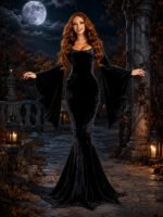 Women Gothic Velvet Mermaid Maxi Dress Bat Flared Long Sleeve Bodycon Gown Dark Witch Vampire Costume Halloween Cosplay Party Outfit - Image 4